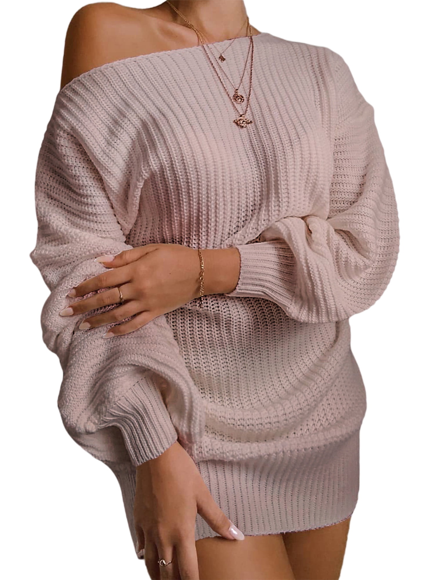 Colisha Baggy Casual Knitted Dress for Women Fall Long Sleeve Loose Sweater  Dress Sexy Off Shoulder Mini Dress - Walmart.com